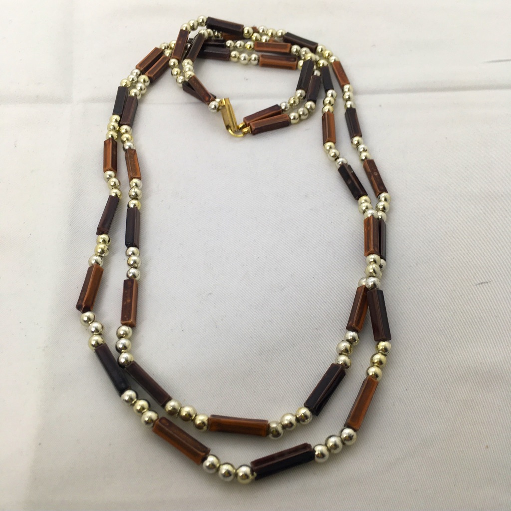 Hong Kong, Vintage Gold And Wood Beaded Double Strand Necklace